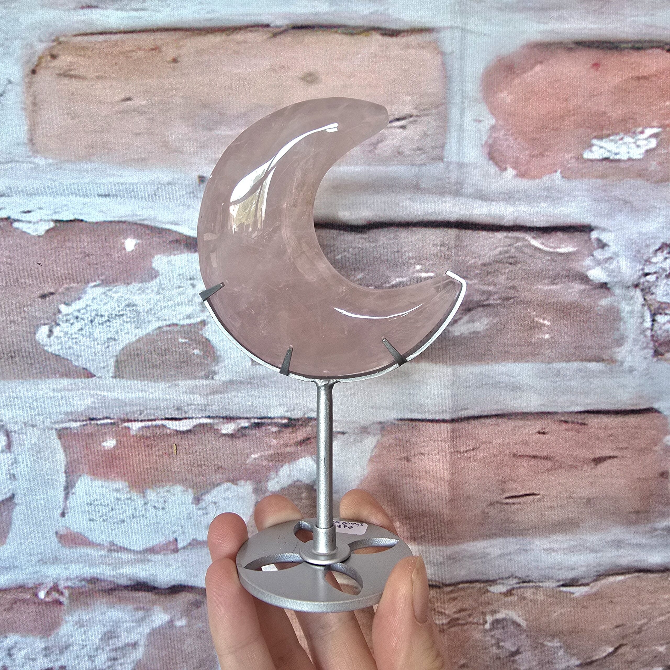 Rose Quartz Moon on Silver Stand