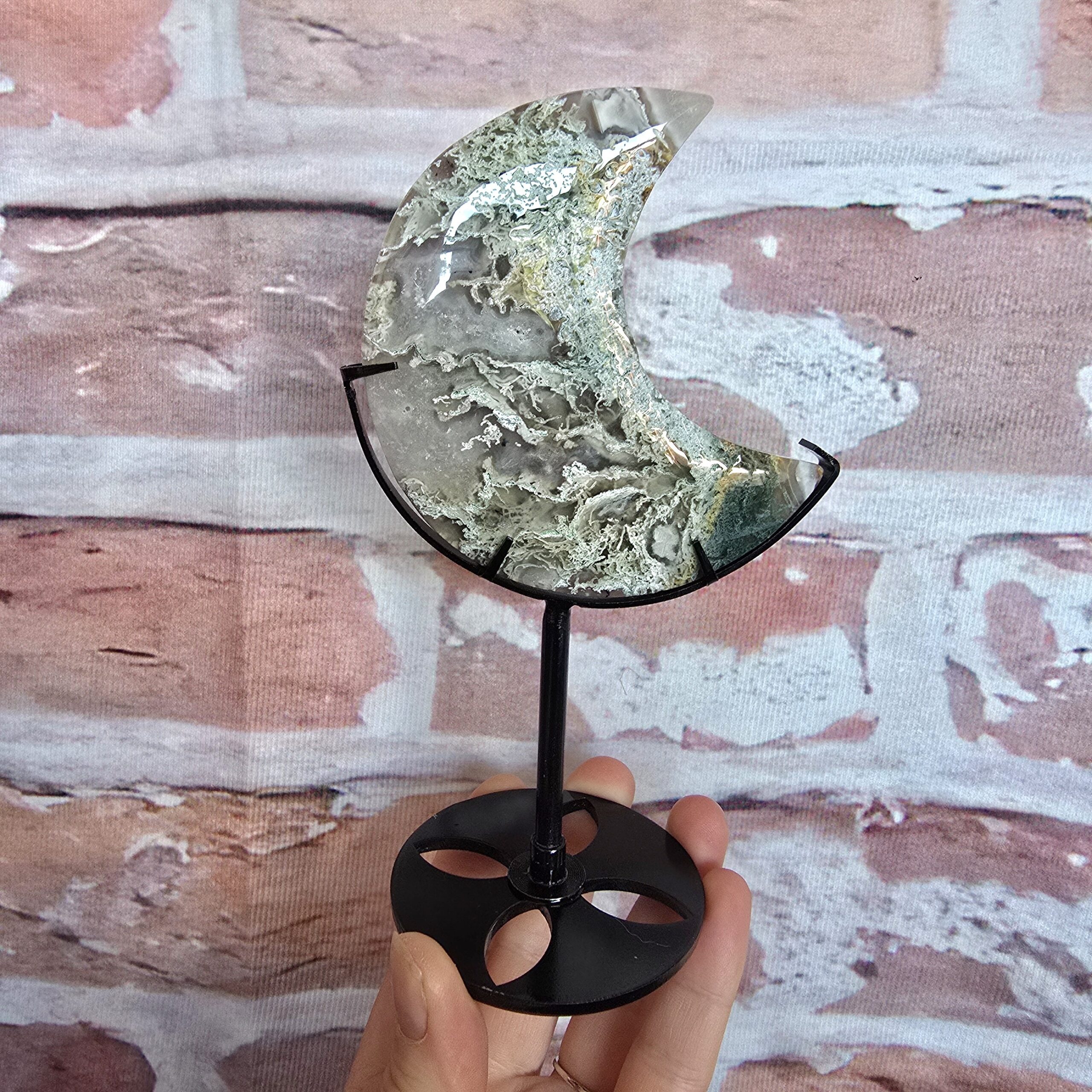 Moss Agate Moon on Black Stand
